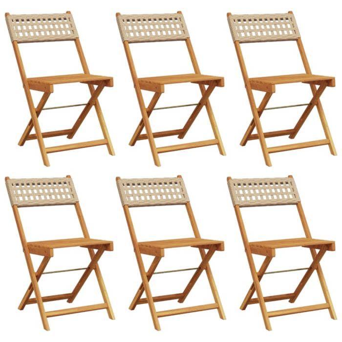 VidaXL Folding Garden Chairs Set of 6 Beige Rattan and Solid Wood, Garden Seat, Patio Chair, Dining Chair of 3214599
