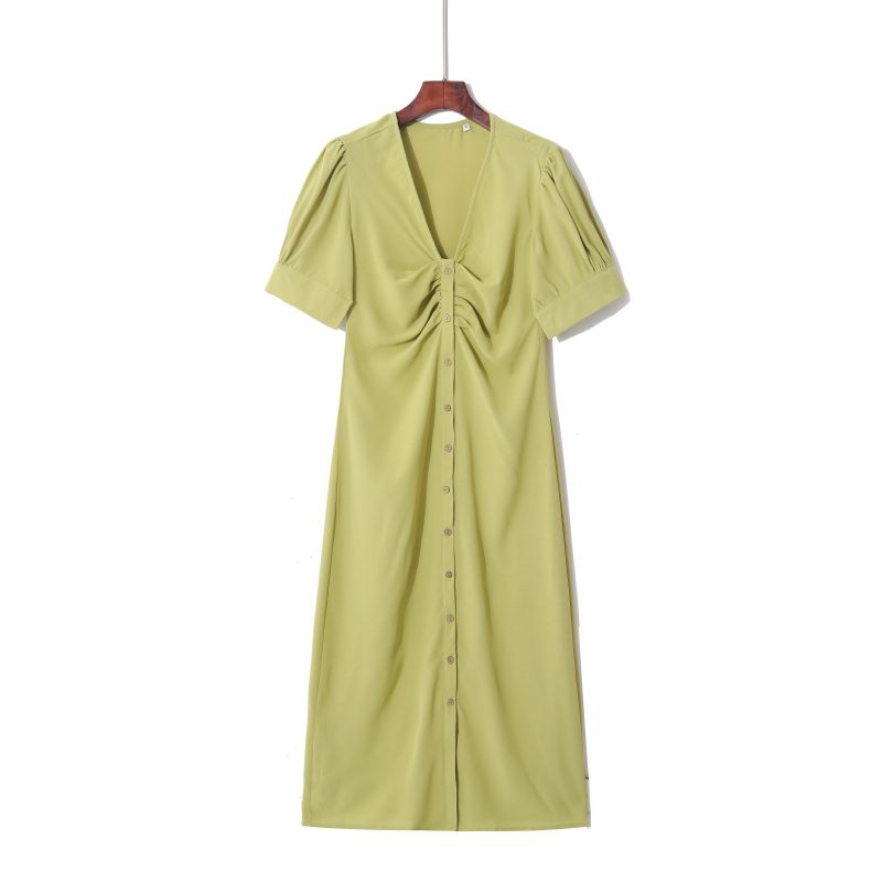 

Summer Women s Short-Sleeved Deep V Neck Long Dress Single Breasted Split Loose Waist Casual and Comfortable Versatile Skirt Green S