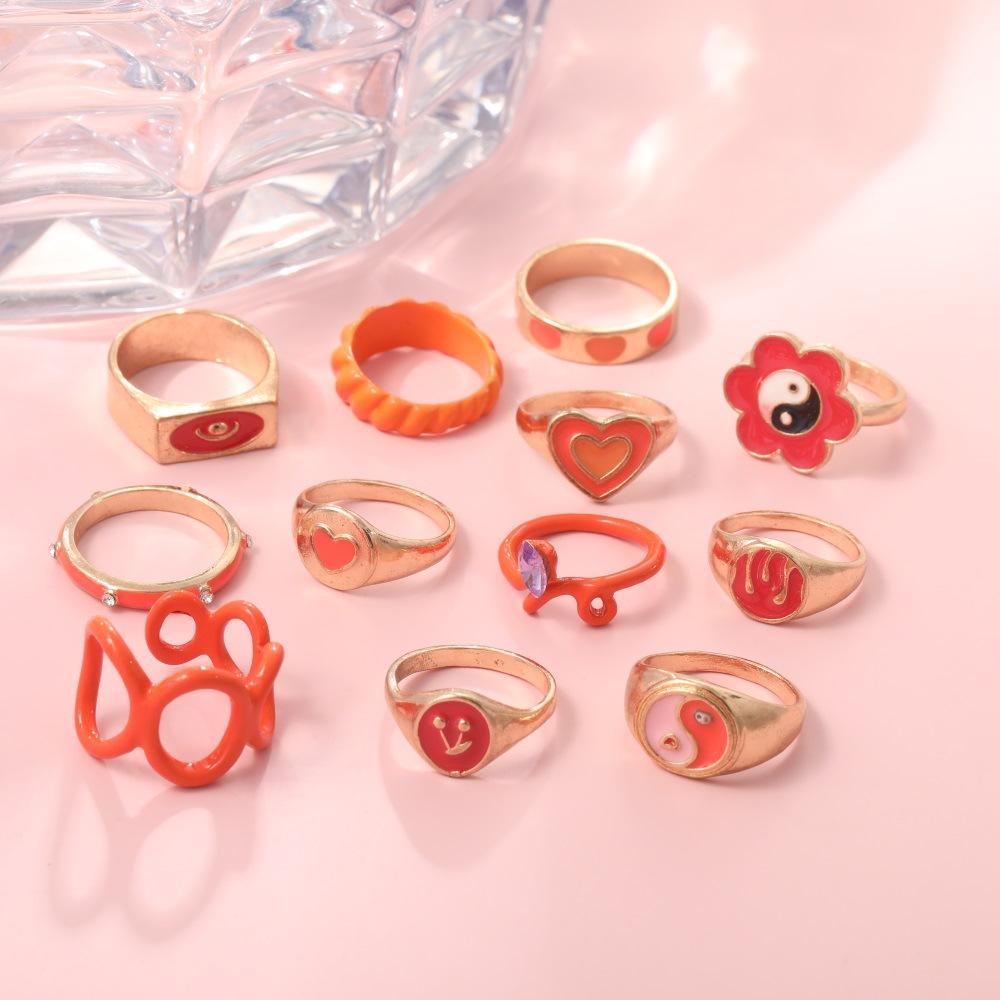 Value Ring Fashion Drip Oil Sunflower Love Diamond Combination Tide 12-Piece Ring Women