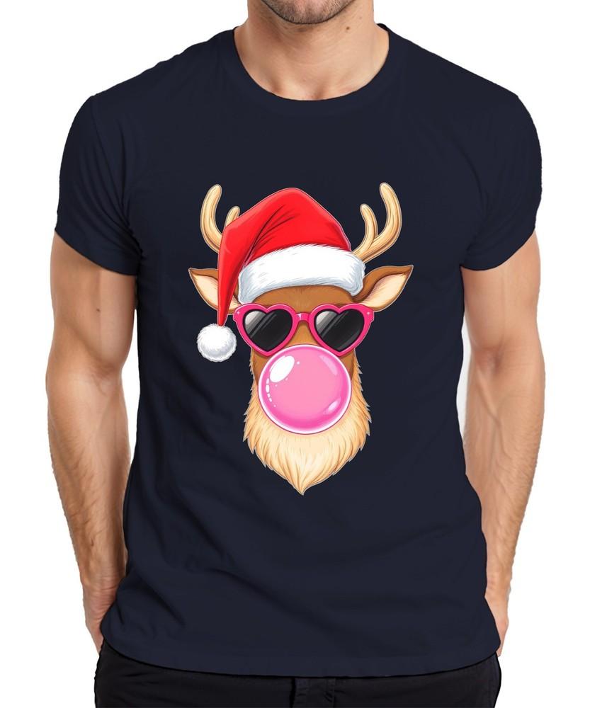 Christmas Reindeer With Bubblegum Heart Glasses Santa Hat Cool Unisexs TShirt S