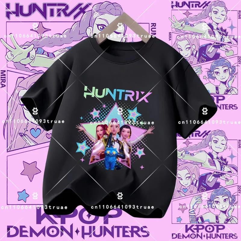 Polyester short-sleeved K-pop Demon Hunter girl cute sports shirt for children aged 1-12. Summer T-shirt. Casual top. Cartoon print