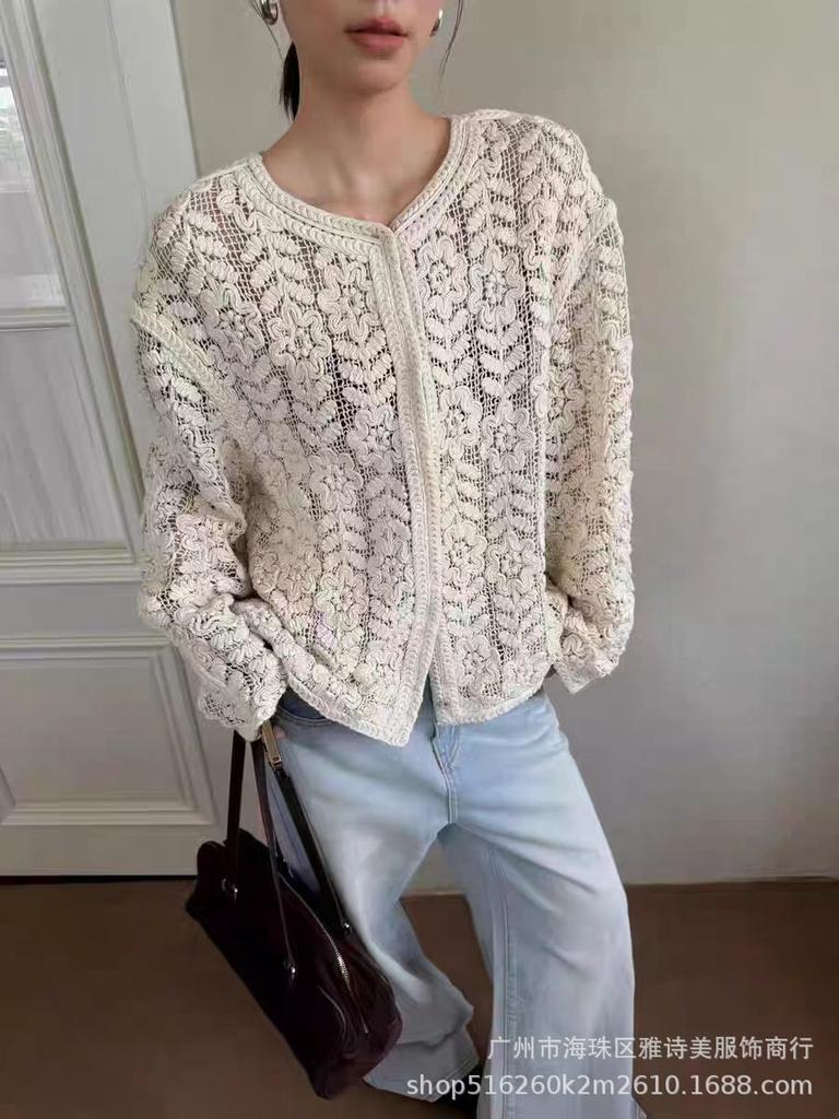 Fashion loose and thin hollow crochet knitted sweater women's new foreign style unique chic cardigan long-sleeved top