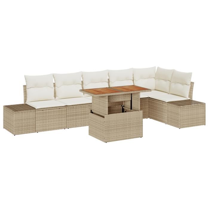 VidaXL Ensemble de salle à manger jardin 7 pièces coussins Beige Poly Rotin Acacia 3349973