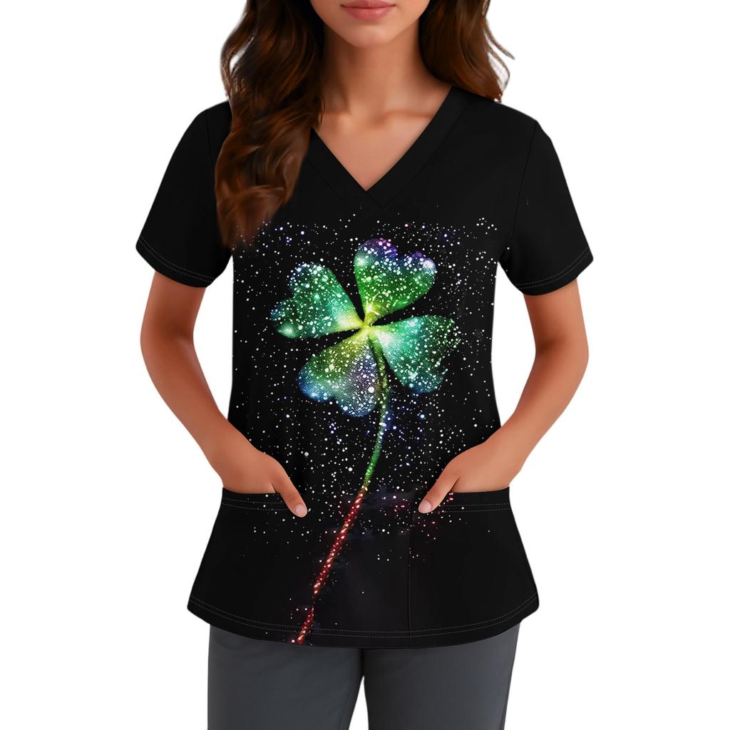 Women's Cute Bow Printed Work Clothes V-neck Double Layer Pockets Basic Short Sleeve Top Pullover