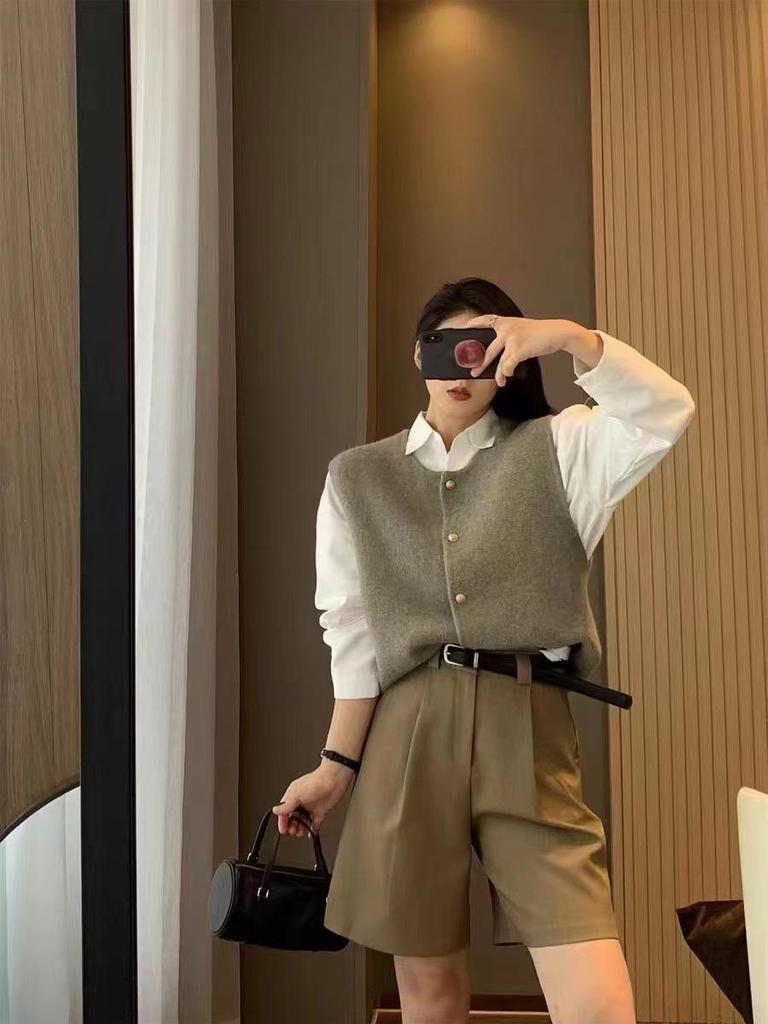 YS Women's Korean Style Slim Fit Layered Sweater Vest - Autumn/Winter Round Neck with Gold Buttons