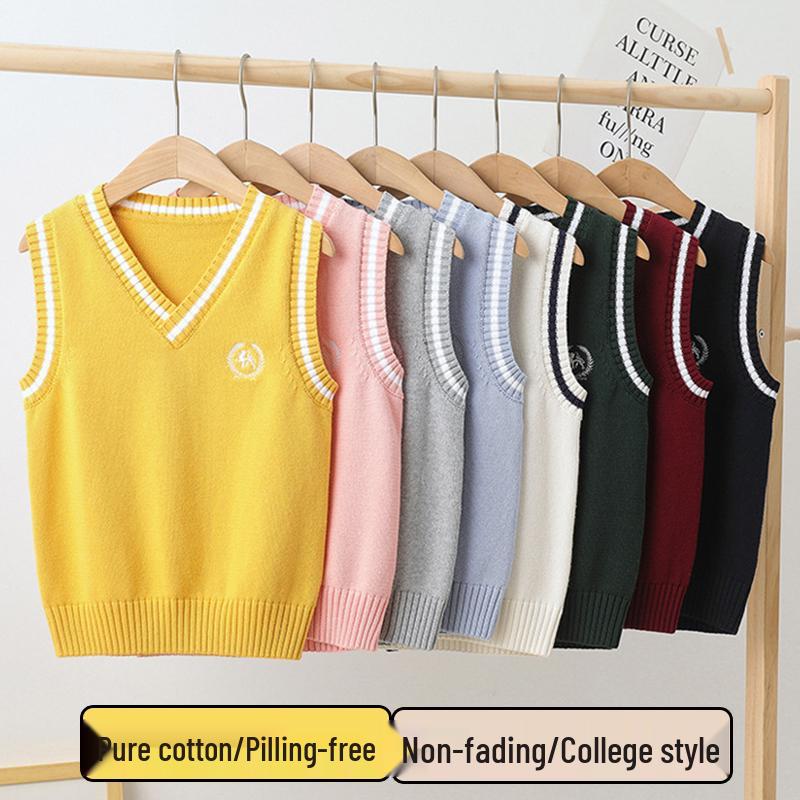 Kids' College-Style Knitted Sweater Vest for Spring & Autumn - Unisex Pullover for Kindergarten & Primary School
