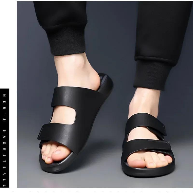 Summer Fashion Leather Slippers for Men Outdoor Beach Men's Sandals Designer New Hollow Soft Soled Slip-on Flip Flops Shoes Male