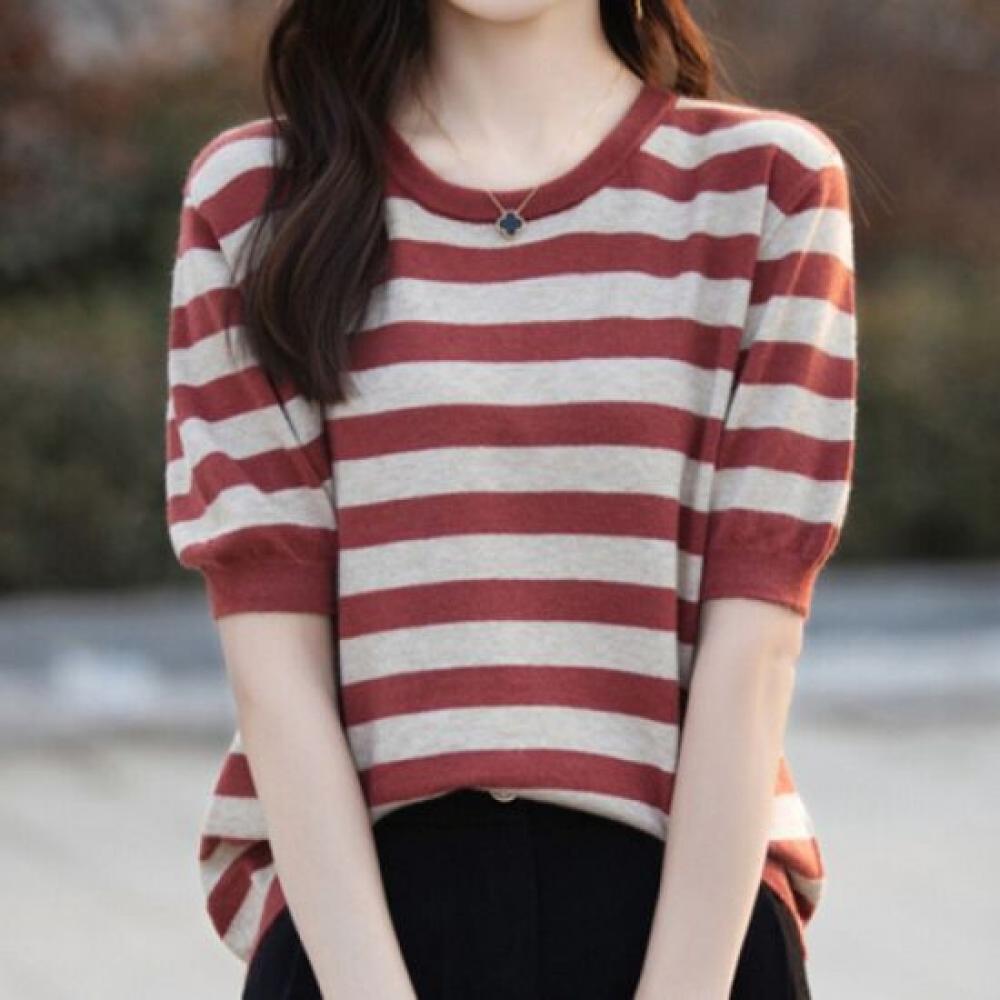 Navava Women Casual STriped 5 8 Sleeve Round Neck KniT T shirT Nk2239