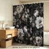 2D Flat, 2D Flat Shower Curtain, 1pc, Black with Gray-Toned Peony Floral Print, Dark Vintage Floral Art Style,, Includes Hooks,