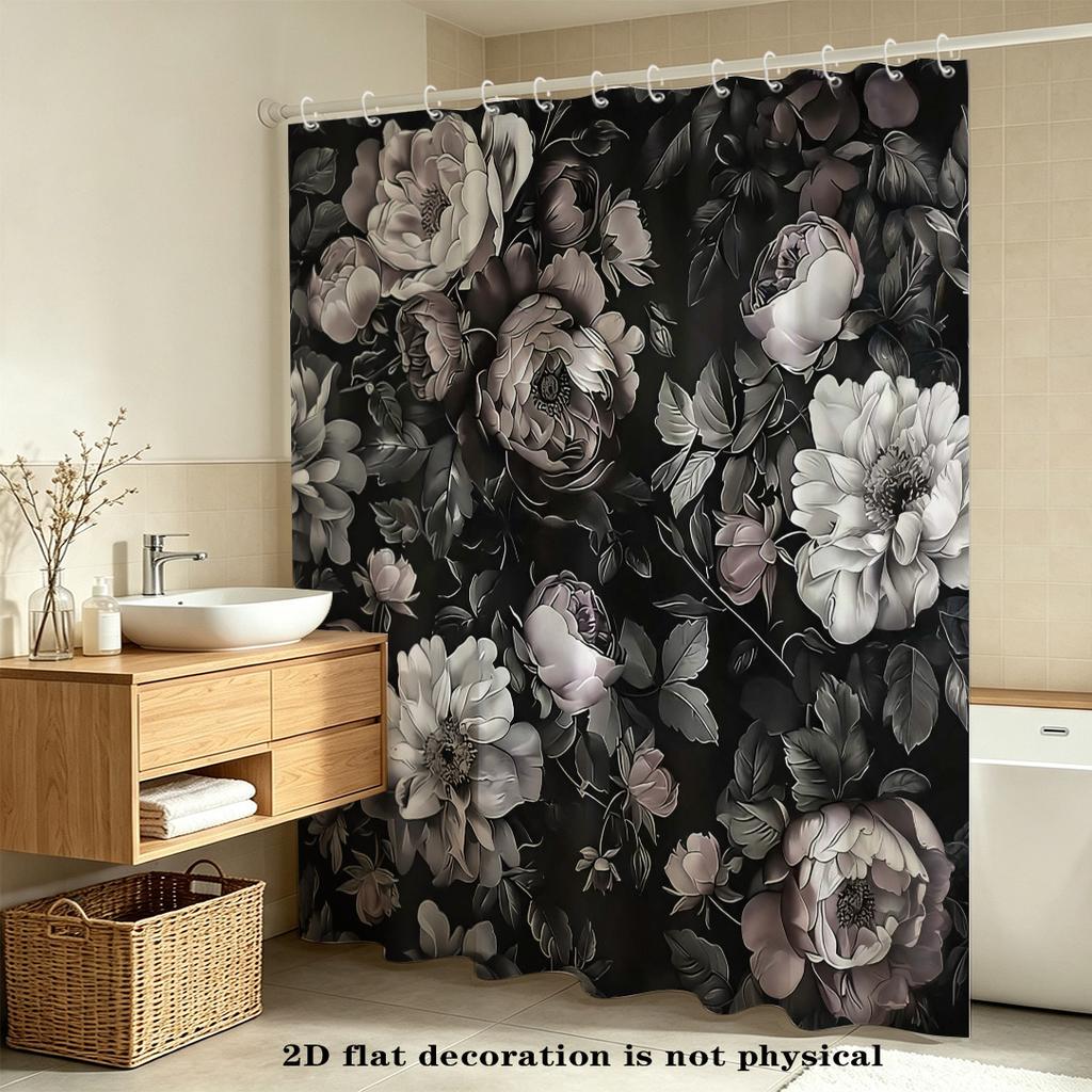 2D Flat, 2D Flat Shower Curtain, 1pc, Black with Gray-Toned Peony Floral Print, Dark Vintage Floral Art Style,, Includes Hooks,