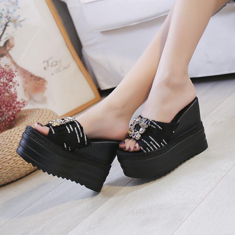 Kristall-Plateau-Slipper Damen Sommer Plateau-Keil-Slipper Damen Sandalen High Heels Slipper Strand-Slides Damen Designer 11cm