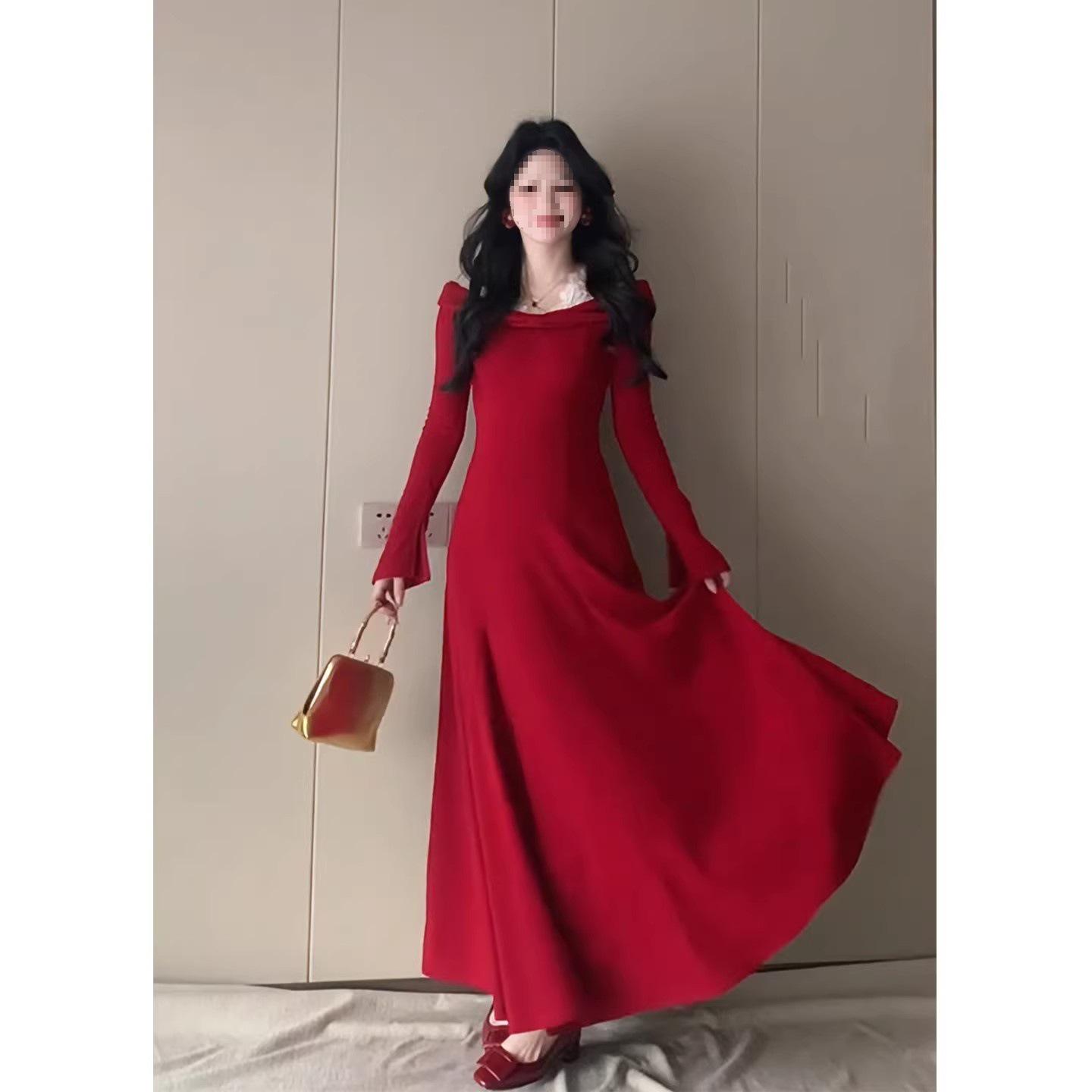 

Women s Red Lace Splicing One-Shoulder A-Line Dress - Autumn/Winter French Style, Waist-Cinching Long Dress L красный