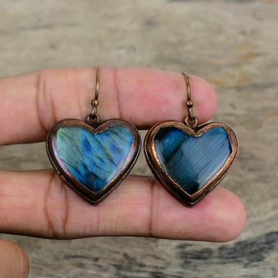 Boucle d'oreille en pierre gemme labradorite Boucles d'oreilles en cuivre électroformé Bijoux élégants faits à la main Boucles d'oreilles pendantes Bijoux en cuivre de créateur Cadeaux pour ami