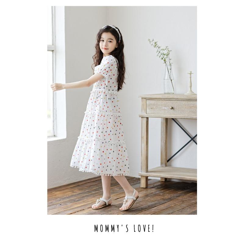 Kids Big Girls Korean Style Polka Dot Short Sleeve Fringe Hem Long Princess Dress