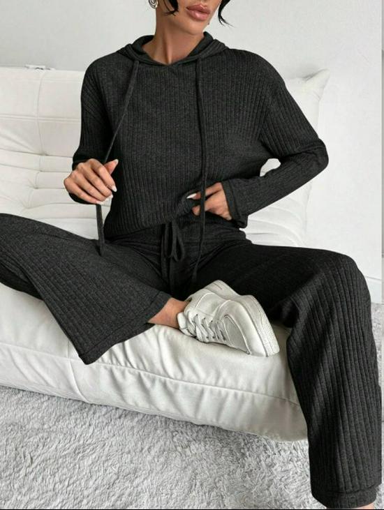 Set nou pentru femei, casual, cu pulover tricotat cu glugă cu dungi și pantaloni largi cu mâneci lungi pentru primăvară/toamnă