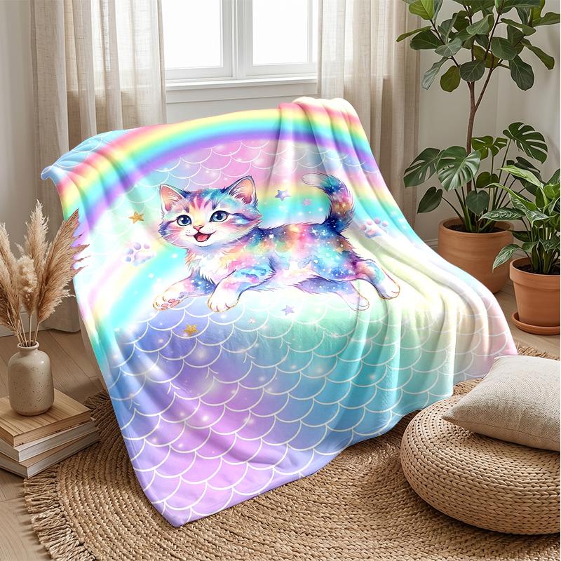 Rainbow Fantasy Cat Theme Blanket Lightweight Warm Flannel Blanket Decorative Throw Blanket for Home Decoration