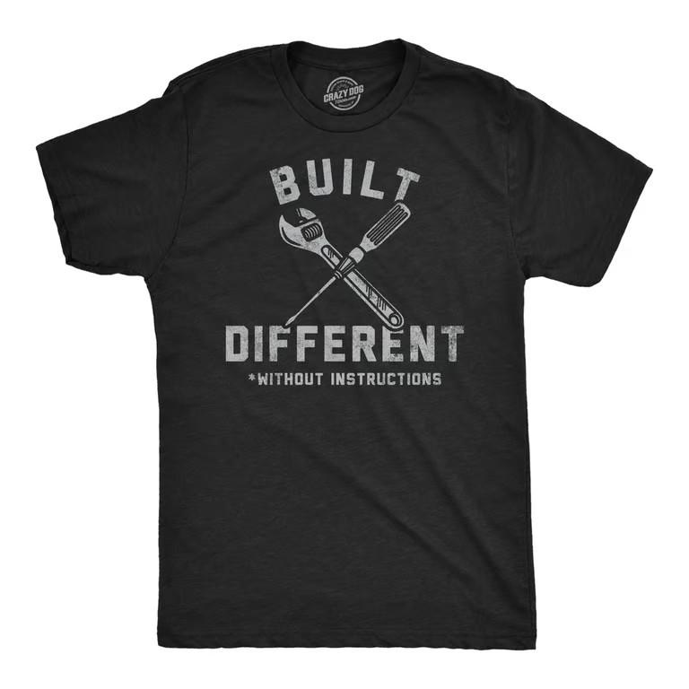 Mens Funny T Shirts Built Different Without Instructions Sarcastic Novelty Tee Unisex T-Shirt XL