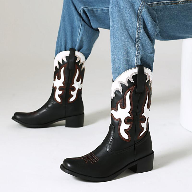 2024 Horký Výprodej Dámské Vintage Vyšívané Westernové Kovbojské Boty Velká Velikost Módní Zip Koncert Kovbojské Boty do Poloviny Lýtka Zapatos