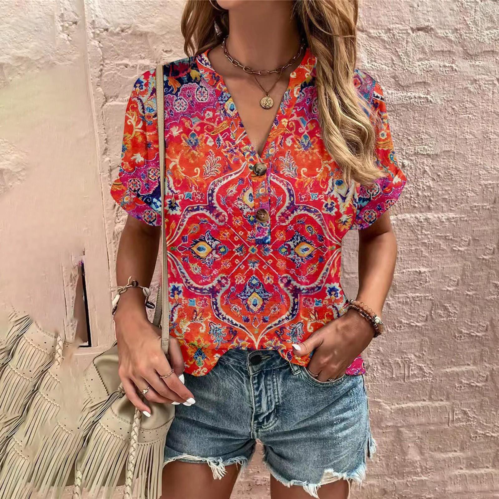 

Модні жіночі вільні літні повсякденні топи з V-подібним вирізом і ґудзиками з короткими рукавами XL червоний