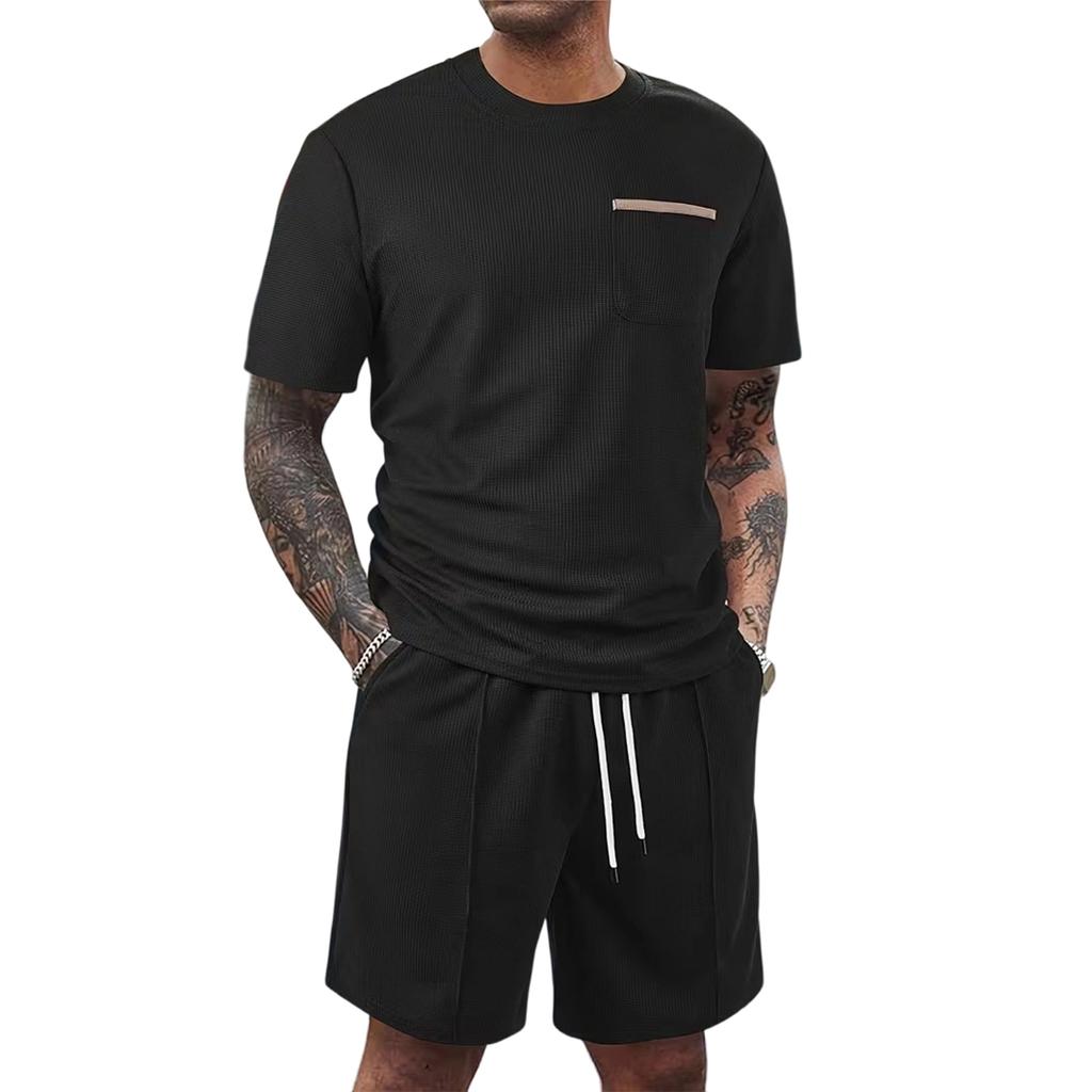 Men's  Sports  Leisure  Round  Neck  Short  Sleeves   And  Pull  Rope  Shorts  Set