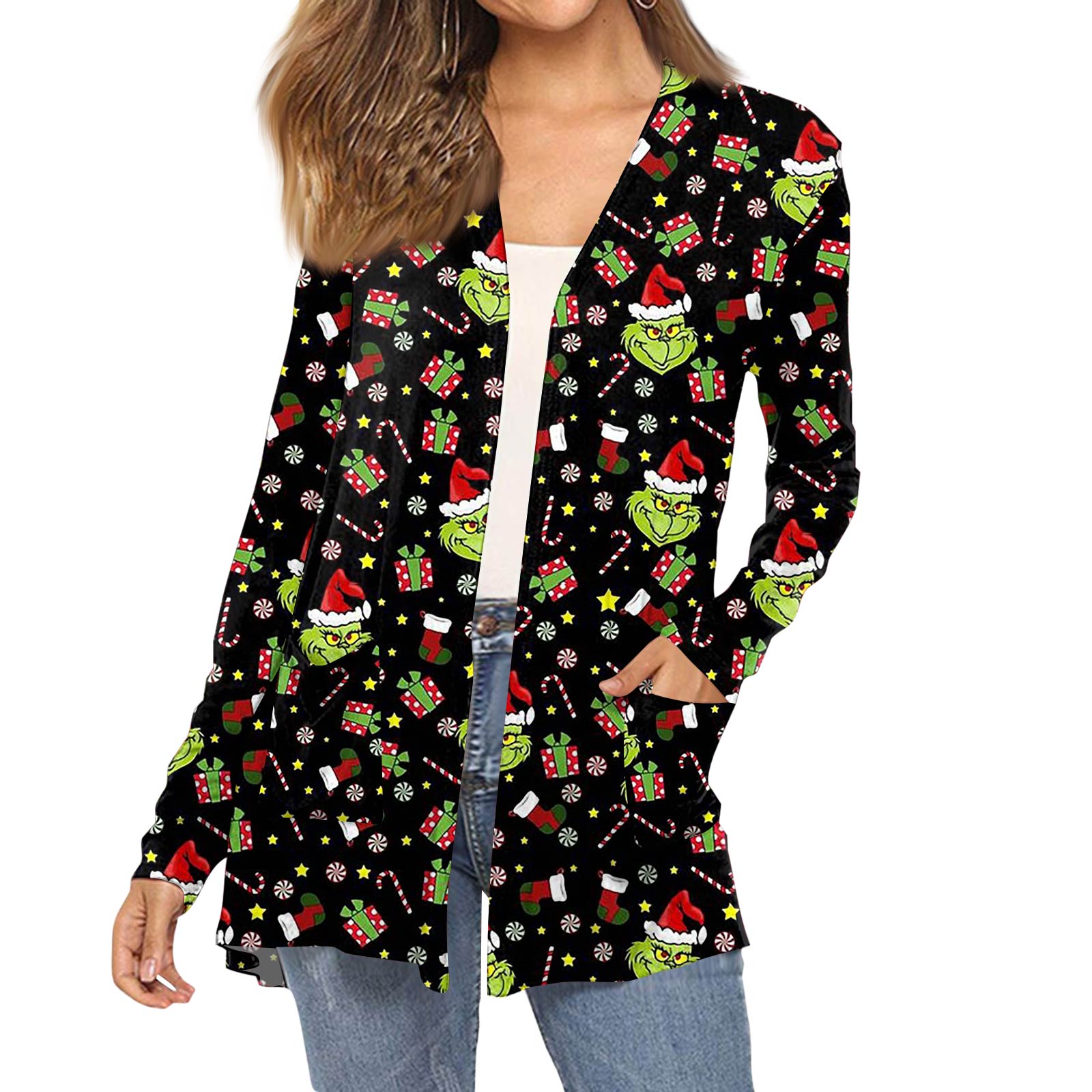 

Женский модный кардиган-пальто с длинным рукавом, карманами, приталенного силуэта и рождественским принтом L чёрный