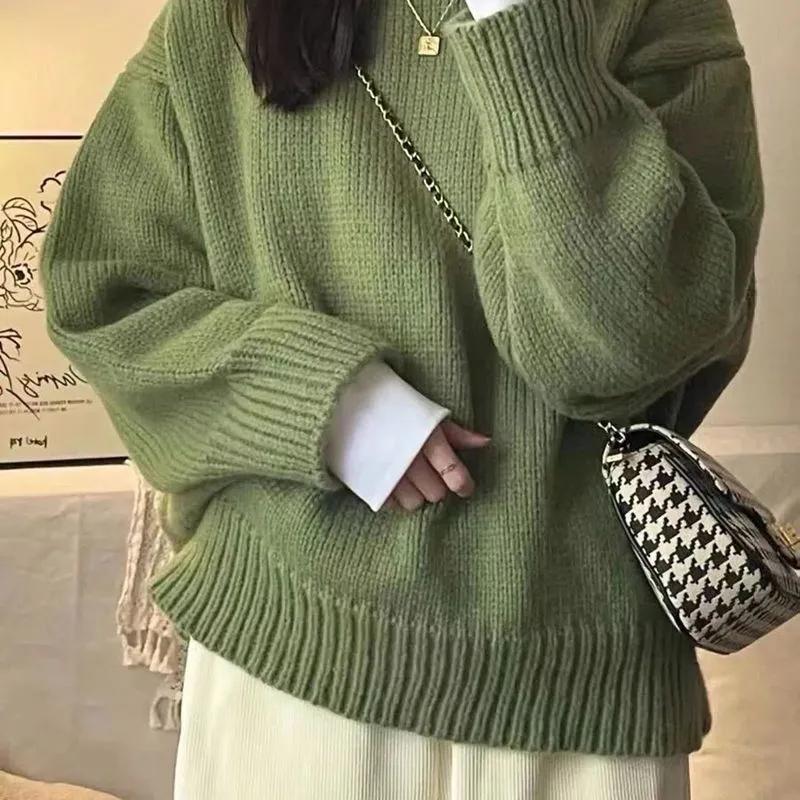 Women's Loose Casual Retro Round Neck Pullover Sweater Thickened Fall and Winter Knitted Tops Jacket