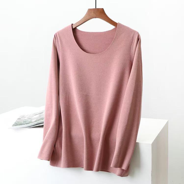 Women's Double-Sided German Velvet Crew Neck Long Sleeve Thermal Top, 2025 Autumn/Winter, Slim Fit, Solid Color