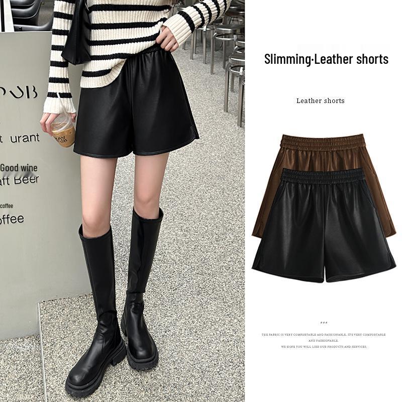 

Black PU Leather A-Line High Waist Booty Shorts for Women - Autumn/Winter Style M