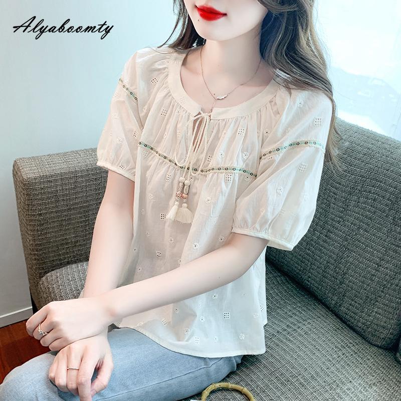 

Летняя женская хлопковая свободная блузка с круглым вырезом и вышивкой, ажурная рубашка с пышными рукавами и кисточками, элегантная женская блузка S