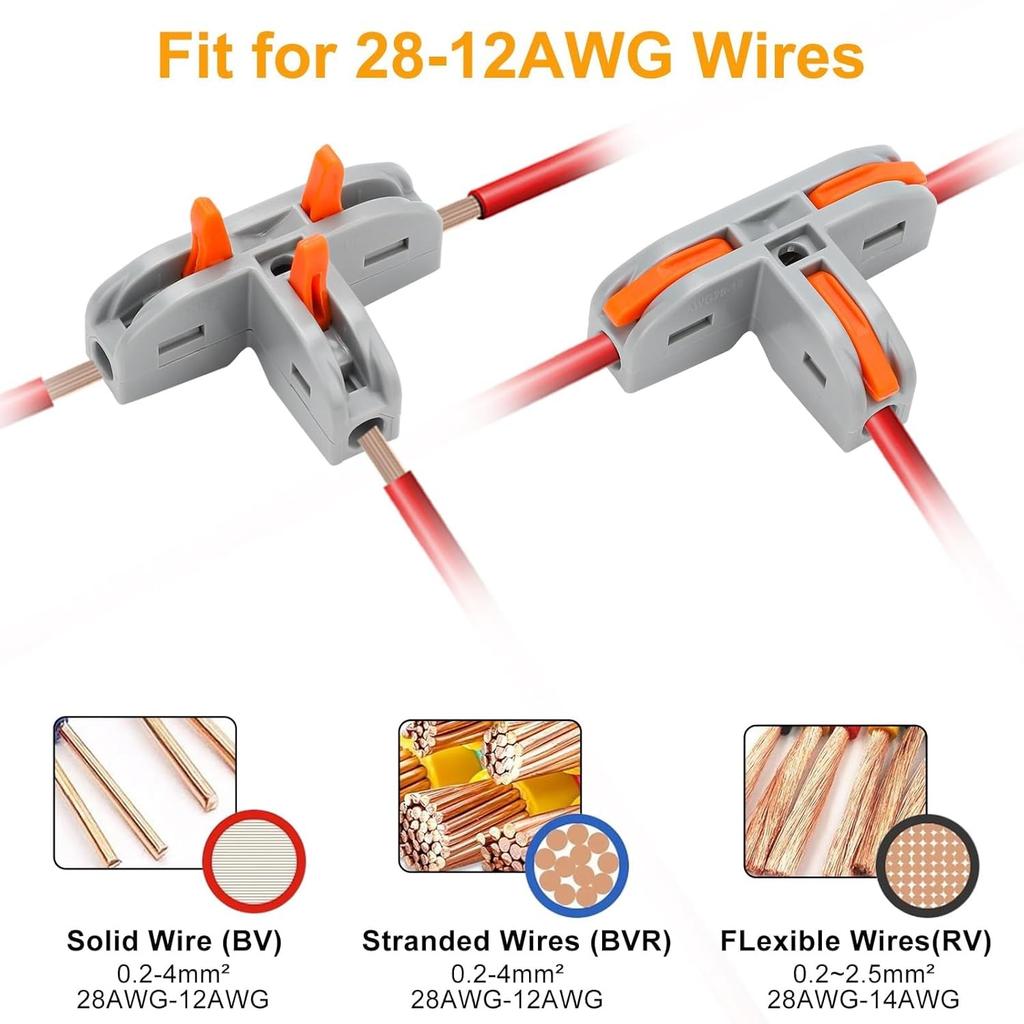 40PCS Lever Wire Connectors Kit 28-12 AWG, 3 Way T Shape Wire Connectors Electrical Splicing Kit and 1 in 1 Out DIY Mini Compact Wire Conductor Quick