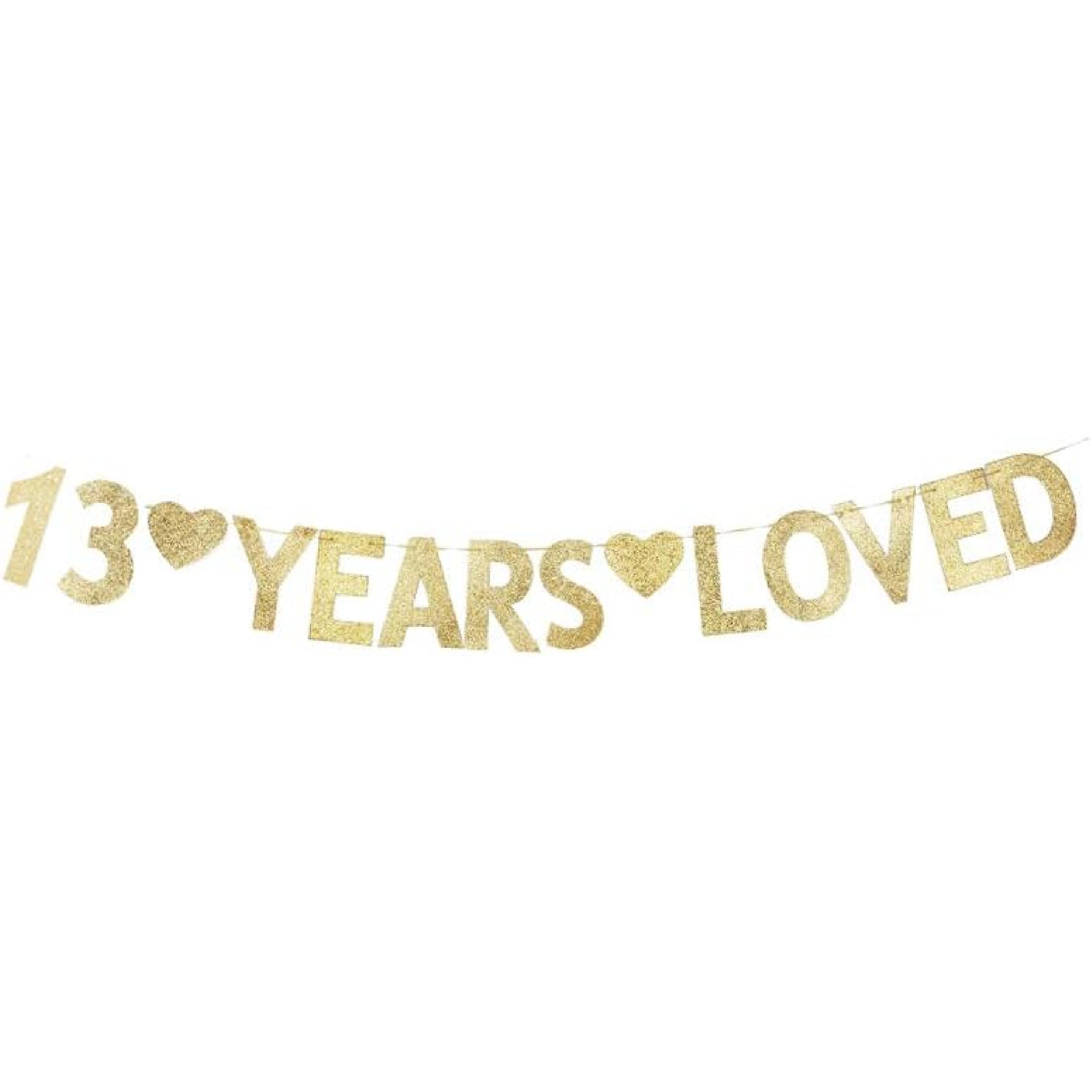 13 Years Loved Banner, Gold Gliter Paper Sign for 13th Birthday Party/Wedding Anniversary Decorations