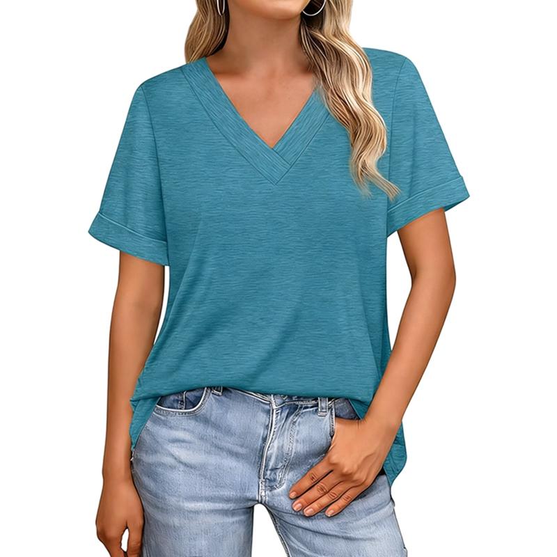 Women's Solid Color V-Neck Casual T-Shirt Short Sleeve Top