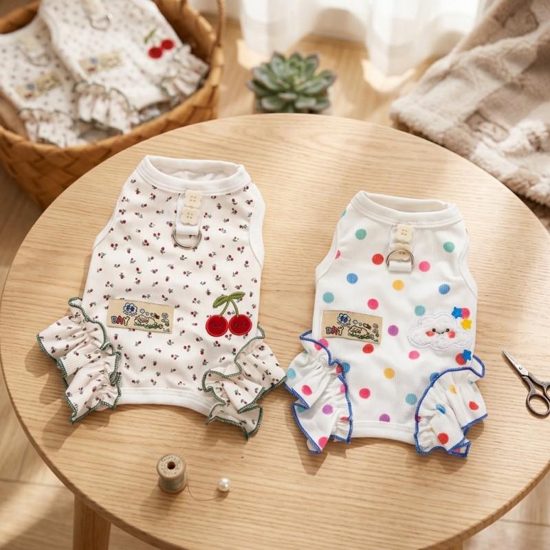 Pet Dog Sleeveless Belly Warmer Pajamas Polka Dot Print Soft Cotton Small Breed Clothing
