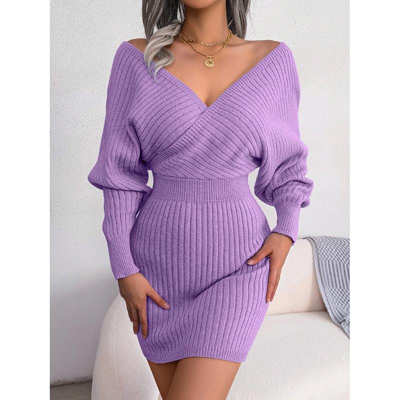 Podzimní a zimní sexy šaty s dlouhým rukávem a výstřihem do V pro ženy Elegantní módní dámské svetrové šaty s vysokým pasem Ležérní slim střih Jednobarevné pletené šaty 25103