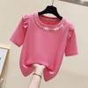 Summer Woman Clothing Slim Versatile T-shirt Korean New Ruffles Short Sleeve Beading Round Neck Female Basic Fashion Casual Tops