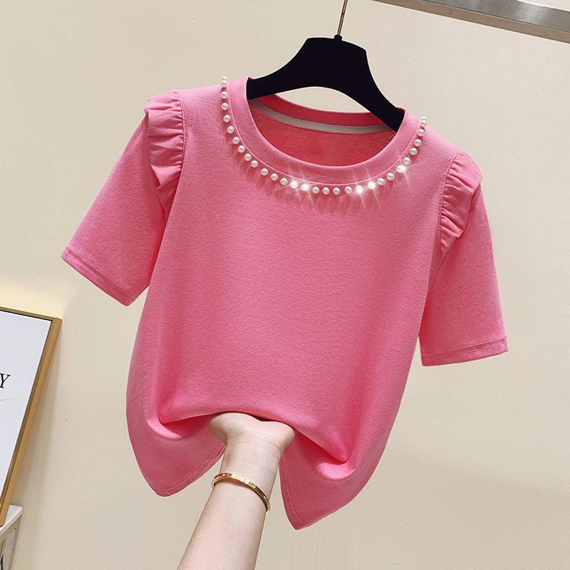 Summer Woman Clothing Slim Versatile T-shirt Korean New Ruffles Short Sleeve Beading Round Neck Female Basic Fashion Casual Tops