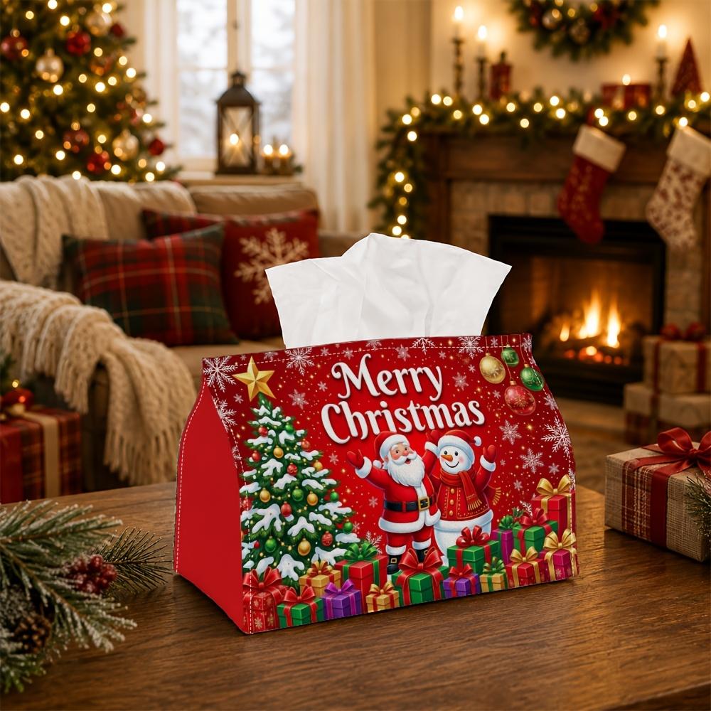 1pc Joyful Noel Tissue Box | Multi-functional Christmas Napkin Box, Available Suitable for Home, Christmas Car Decoration Santa Snowman Pine Present B