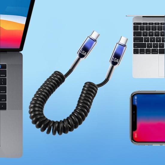 100cm 120W USB-C to USB-C Cable 10A Coiled Retractable Spring Car Charger Fast PD