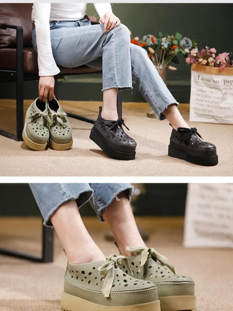 Johnature Thick Soled Hollow Hole Shoes Genuine Leather Lace Up Comfortable Women's Platform Sandals