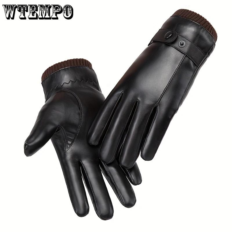 WTEMPO 1 Pair of PU Metal Buckle Touch Screen Cashmere Warm Men's Cold-proof Full Finger Gloves Korean Outdoor Riding Cycling Winter Leather Gloves