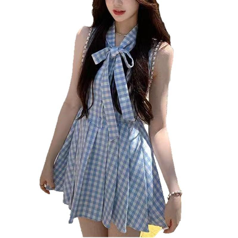 French fresh and sweet blue sleeveless plaid dress summer Japanese new bow temperament pleated short skirt