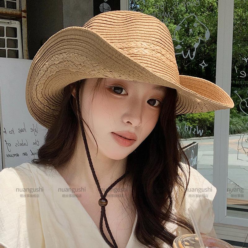 American Retro Western Cowboy Hat Women's Summer Sunshade Sun Protection Mountaineering Straw Straw Hat Seaside Vacation Wind Beach Hat