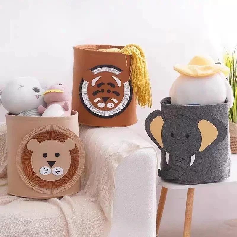 Cute Cartoon Animal Felt Storage Basket Large Capacity Foldable Laundry Hamper for Kids Bedroom Toy Organization