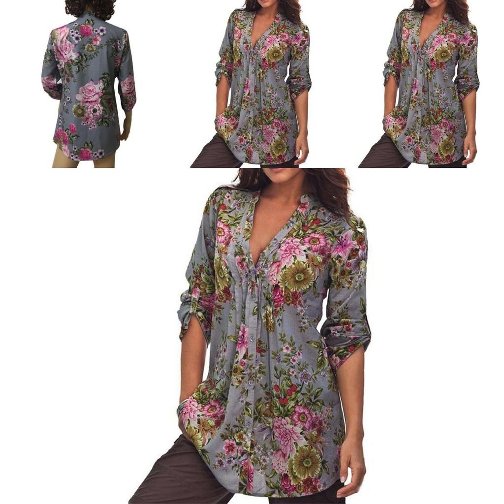 Elegant Bb Women Floral Print V-neck Big Size Tops Tunic For All Seasons