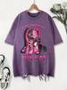 Cute Pink Puppet Rabbit Prints Washed TShirt Womens Cotton T Shirts ONeck Oversized Acid Wash Tops Summer Casual Woman Clothes