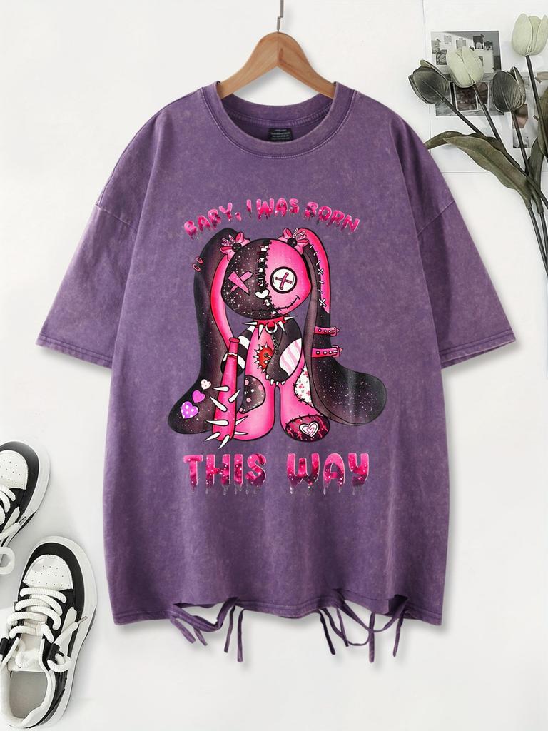 Cute Pink Puppet Rabbit Prints Washed TShirt Womens Cotton T Shirts ONeck Oversized Acid Wash Tops Summer Casual Woman Clothes