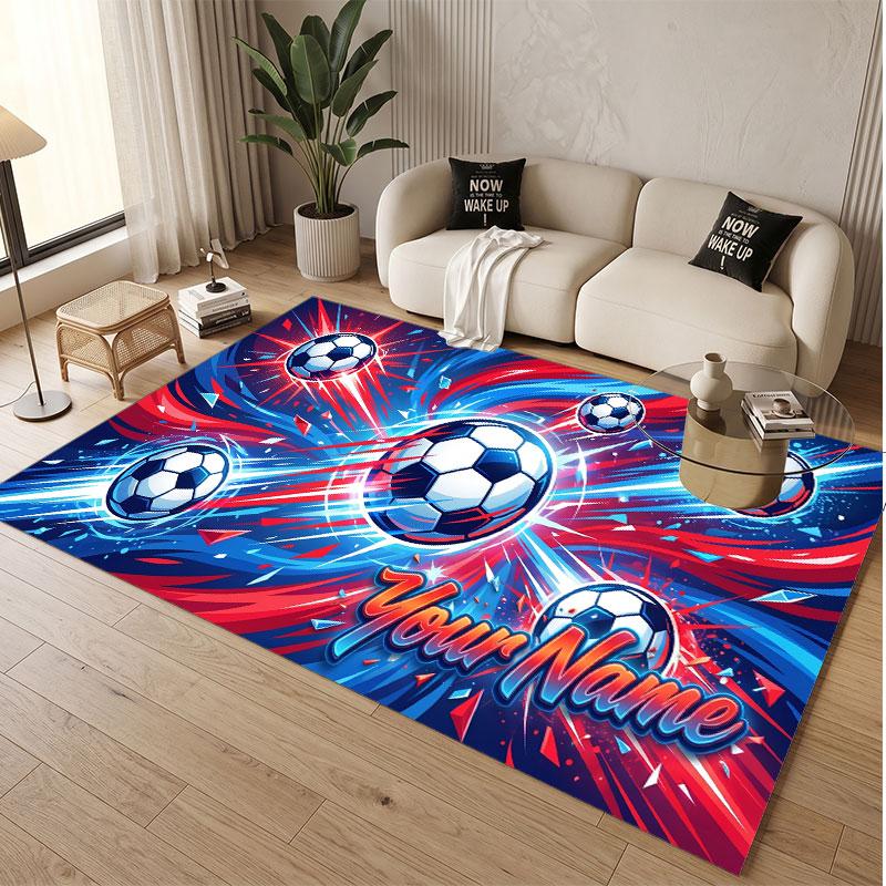 Fußball-Thema Weicher Kristall-Samt Teppich Benutzerdefinierter Name & Text Druck Rutschfester Boden Teppich für Schlafzimmer Wohnzimmer