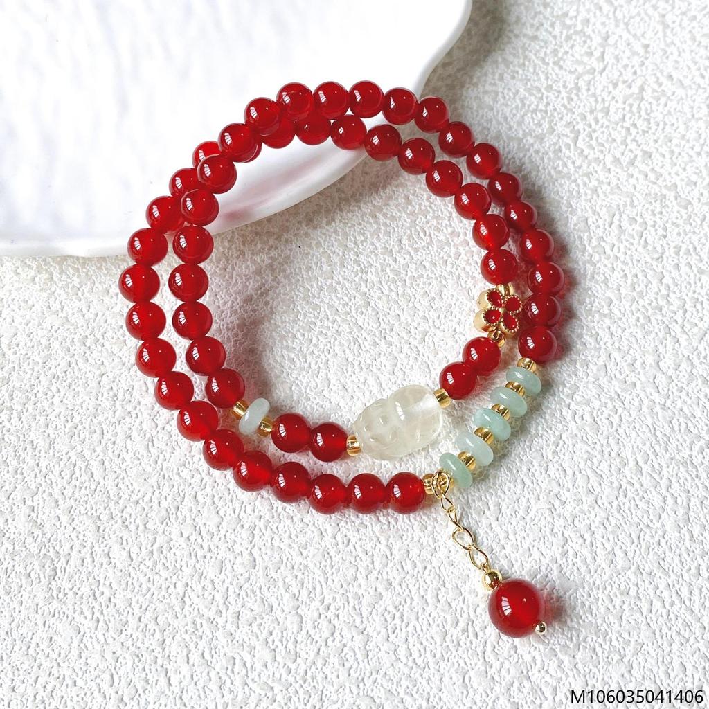 Qian Jing Wan Ma Red Agate Women's Lotus Pod Multi-strand Bracelet - Small Accessories