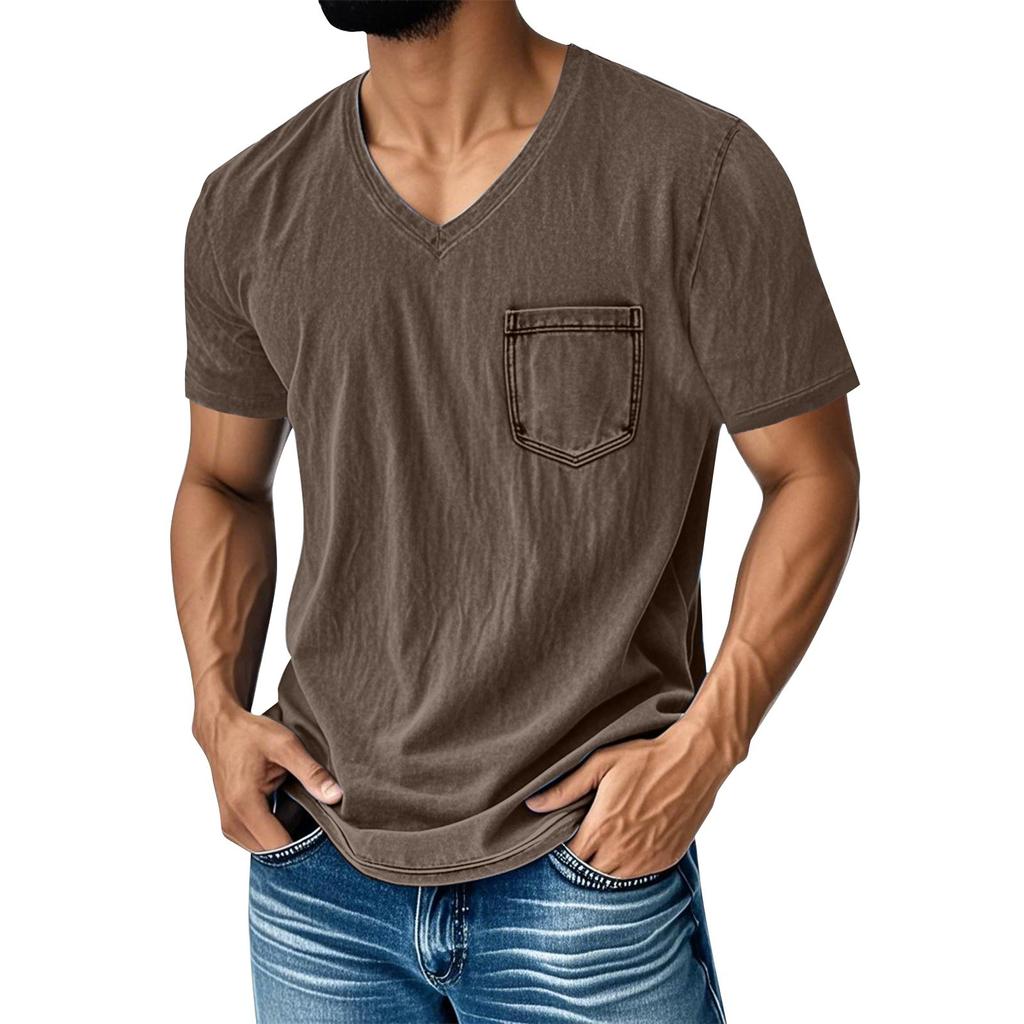 Men's Summer Solid Color V-Neck Loose Pocket Short Sleeve Top