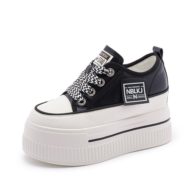 

Кожаные маленькие белые туфли женские 2025 новая весна женские универсальные дышащие небольшая внутренняя высота увеличение 8 см толстая подошва женские туфли 39 чёрный